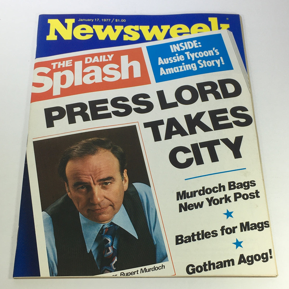 Cover of the vintage Newsweek magazine from January 17, 1977, featuring an article titled 'Press Lord Takes City' about Rupert Murdoch. The cover displays bold headlines and a prominent image of Murdoch, reflecting the media culture of the 1970s.