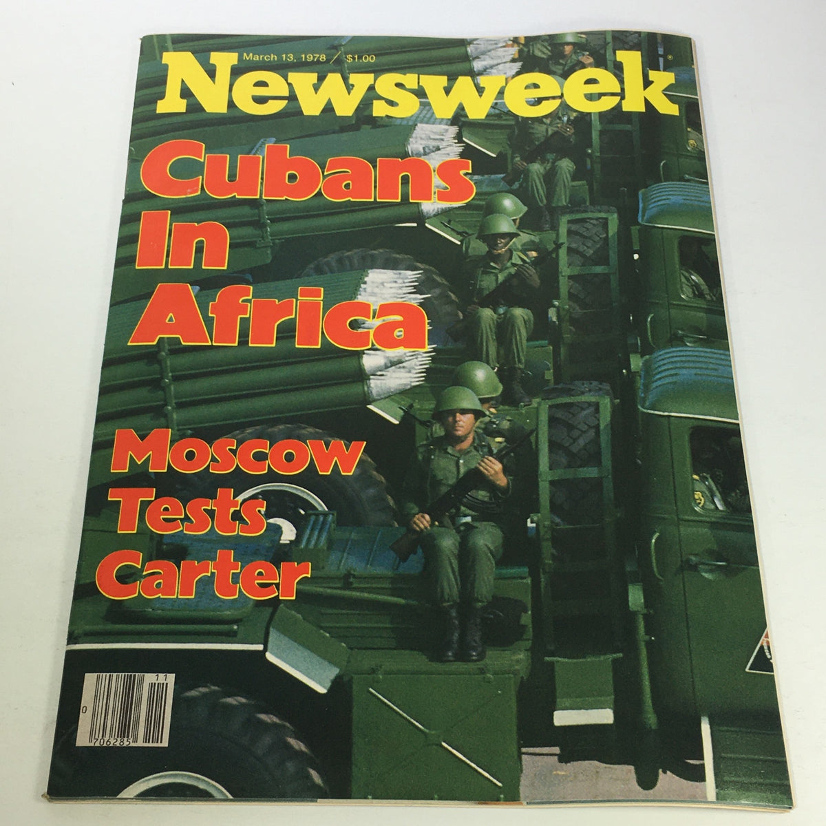 VTG Newsweek Magazine March 13 1978 cover featuring headlines 'Cubans In Africa' and 'Moscow Tests Carter' with military imagery, representing historical events during the Cold War.