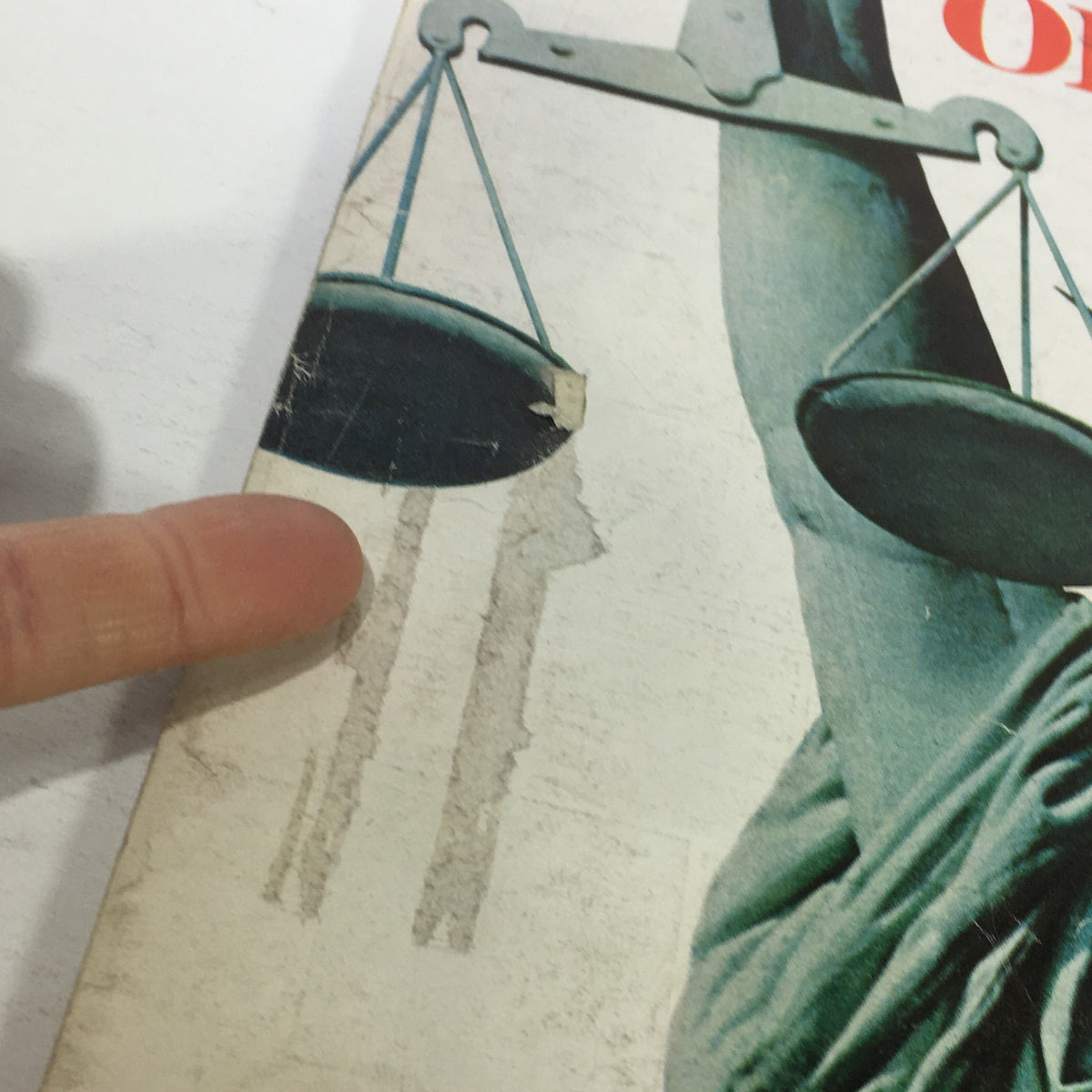 Close-up of vintage Newsweek Magazine March 8, 1971 cover featuring a scale of justice, highlighting the theme 'Justice on Trial - A Special Report'.
