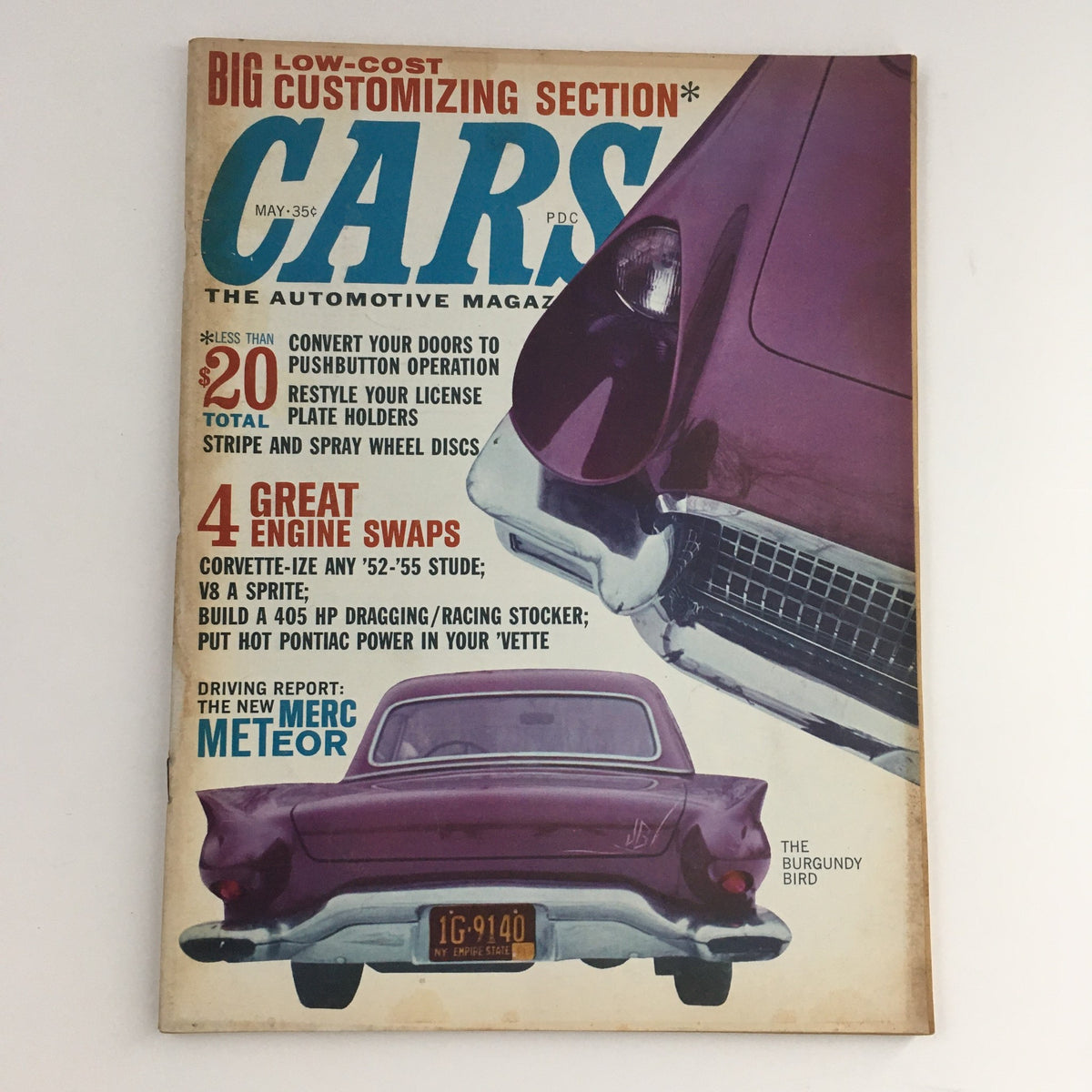 Cars Automotive Magazine May 1962 featuring The Burgundy Bird Corvette on the cover with vibrant graphics and automotive design elements.