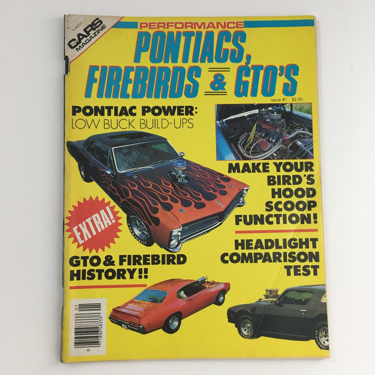 Cover of Cars Magazine Performance Pontiac Power, Firebirds & GTO's Test showcasing a Pontiac car with flame graphics and features like headlight comparison tests.