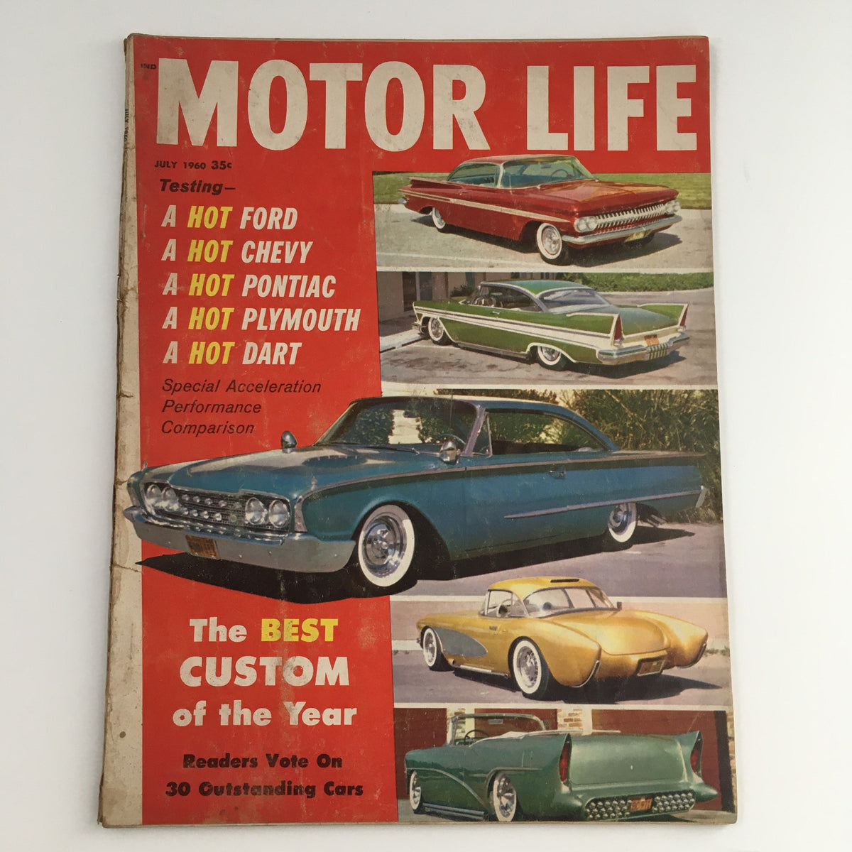 Cover of Motor Life Magazine from July 1960 featuring testing of classic cars including Ford, Chevy, Pontiac, and Plymouth. The cover highlights special acceleration performance comparison with visuals of iconic vehicles, underscoring the golden age of automotive culture.