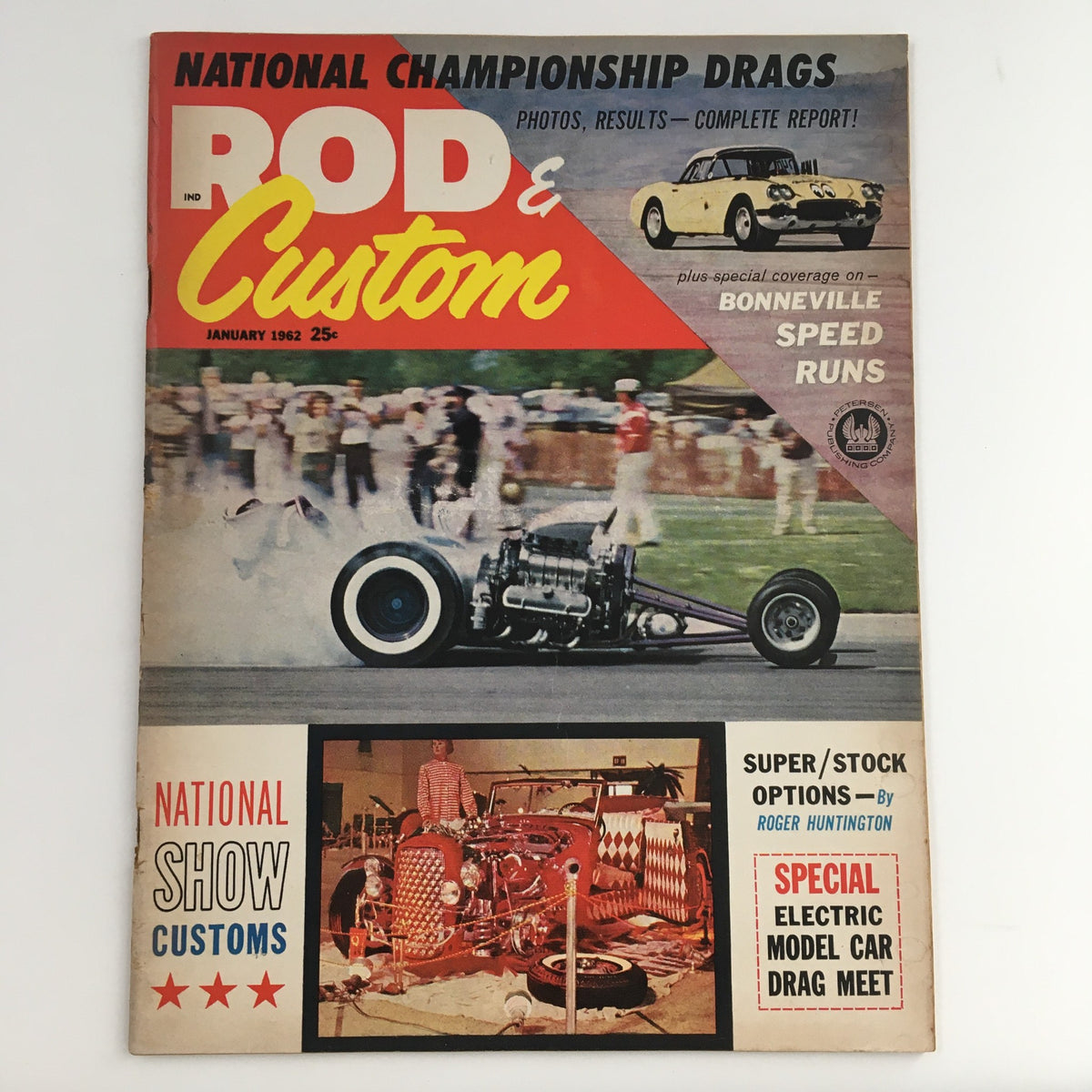 Rod & Custom Magazine January 1962 cover featuring Bonneville Speed Runs coverage, showcasing a drag racing scene with custom cars, and highlighted text indicating national championship drags and special features on super/stock options.