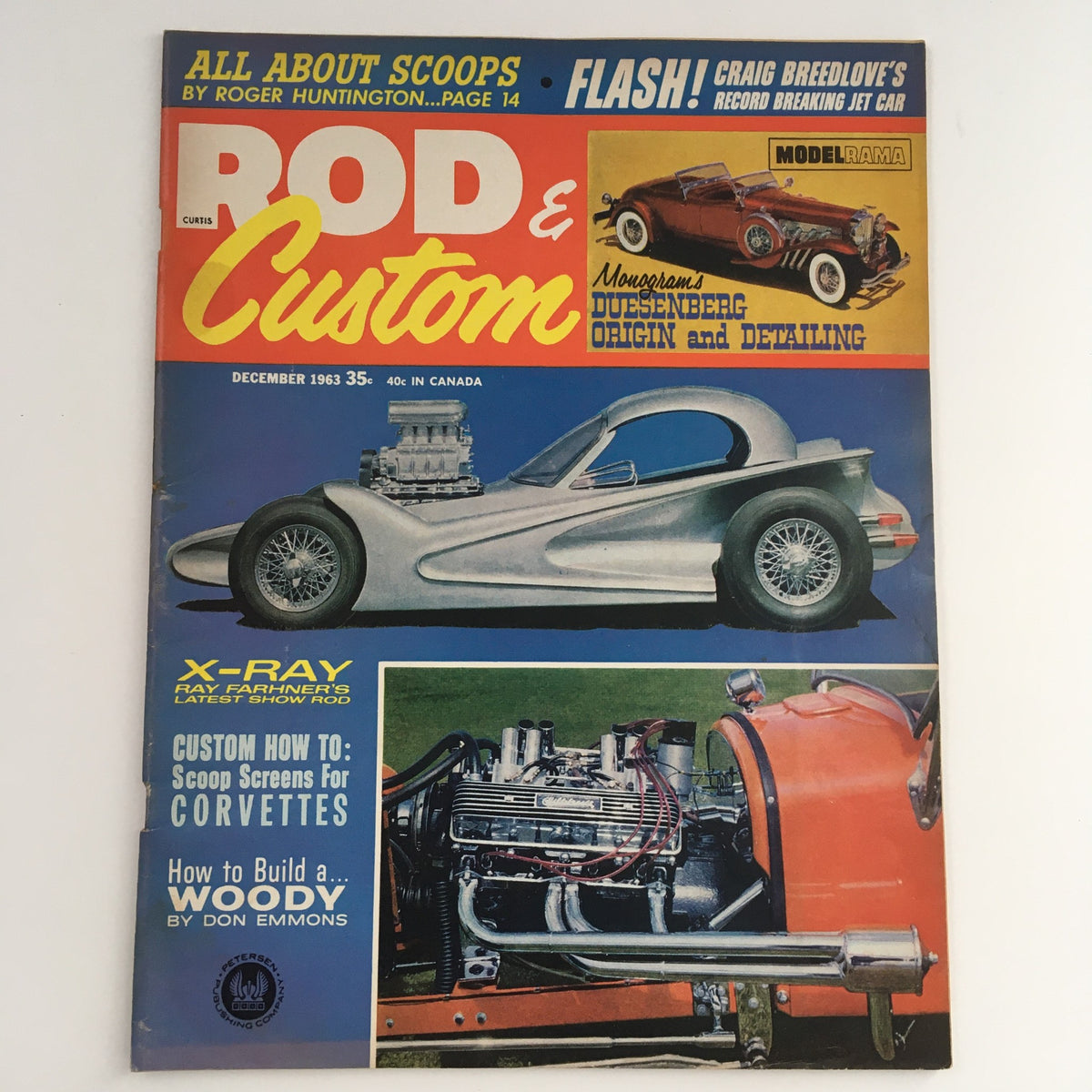 Rod & Custom Magazine December 1963 featuring a Duesenberg origin and detailing. Cover showcases a stylish custom vehicle with a prominent engine, accompanied by other classic car details.