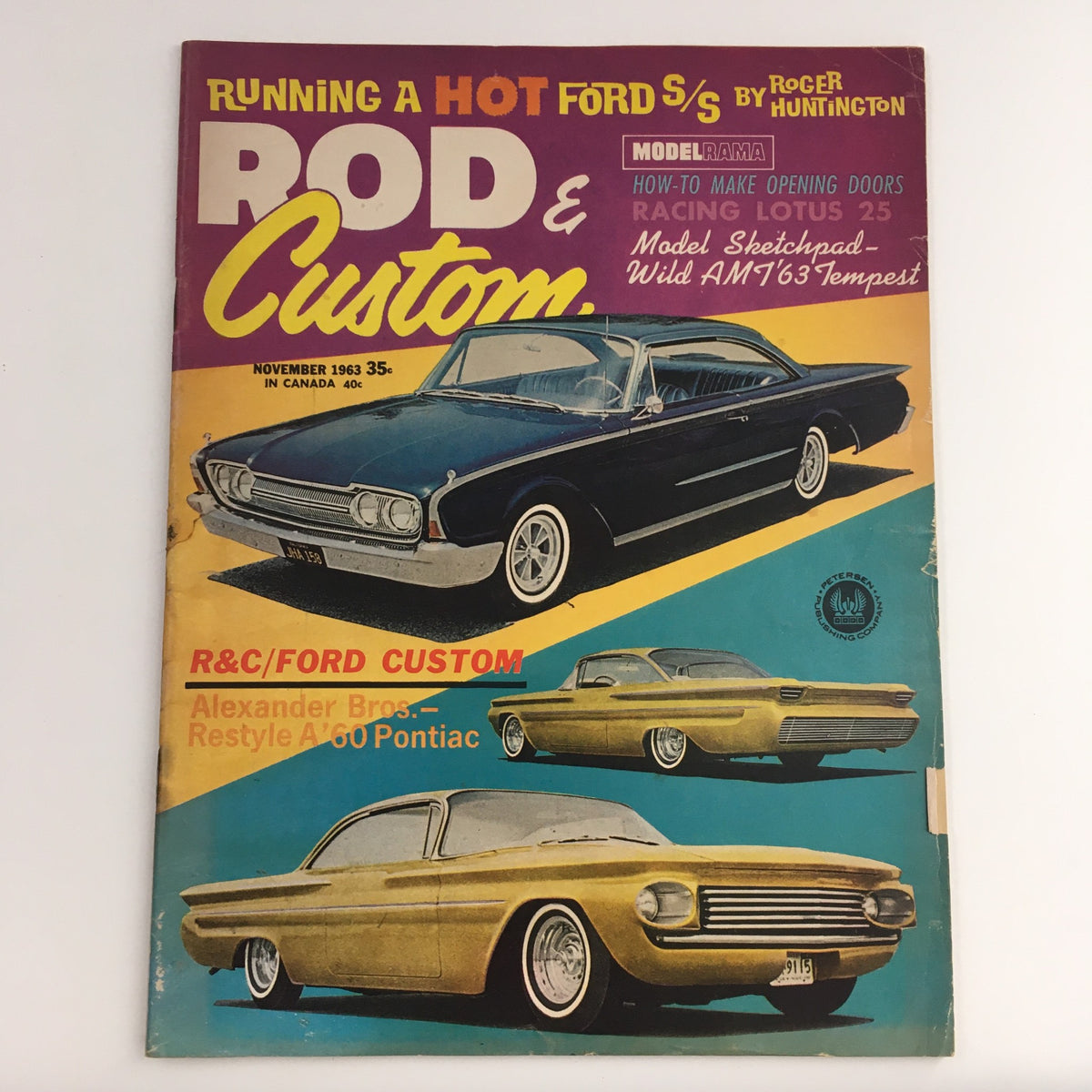 Rod & Custom Magazine November 1963 featuring the Alexander Bros' Restyle A60 Pontiac on the cover, showcasing vintage automotive design and culture from the 1960s.