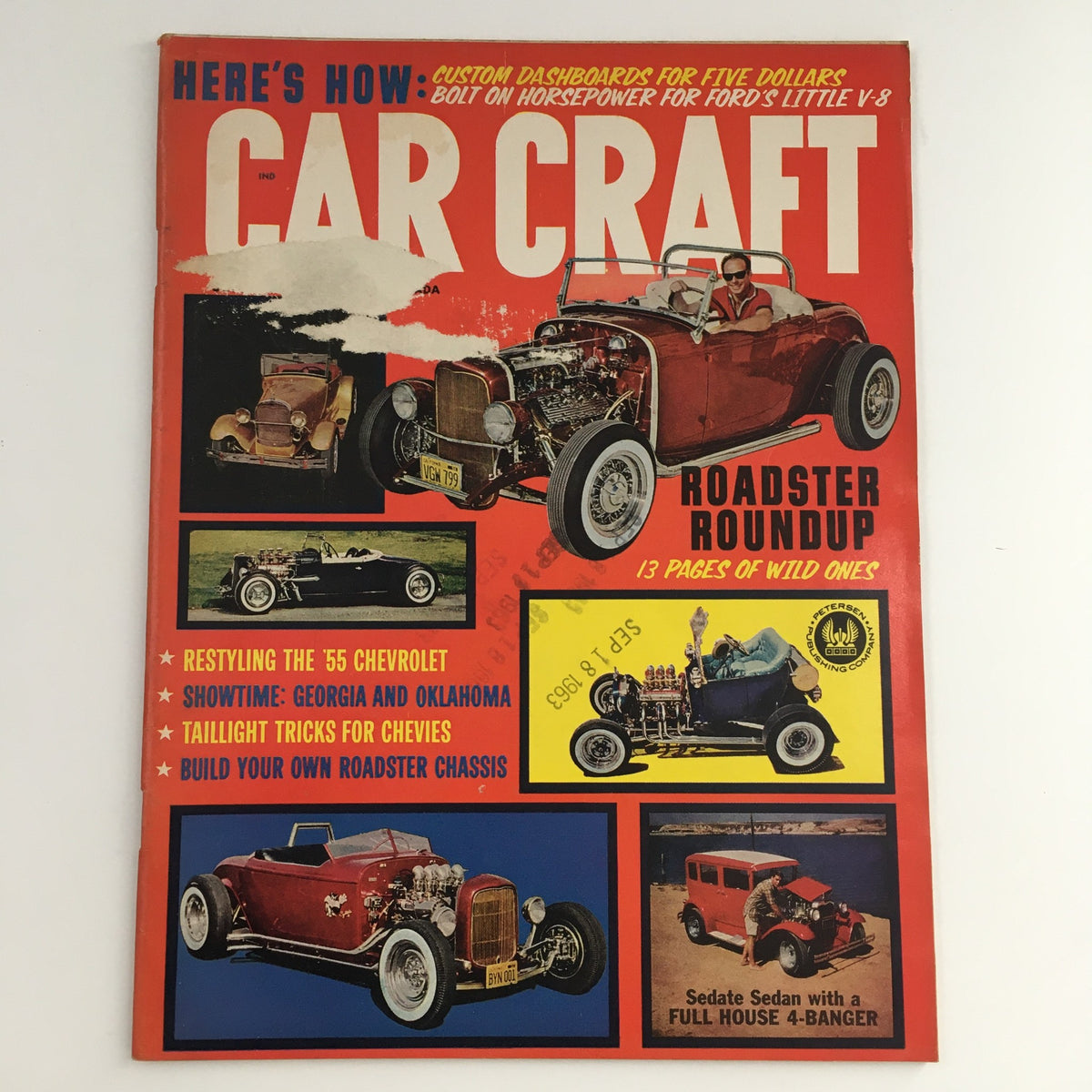 Cover of Car Craft Magazine October 1963 featuring a roadster roundup with various custom cars and automotive tips.