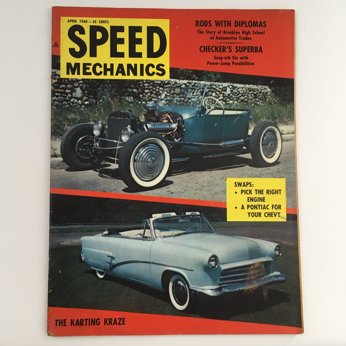 Speed Mechanics Magazine April 1960 featuring The Karting Kraze. Cover displays vintage cars including the Checker Superba and unique automotive designs, showcasing the excitement of kart racing.