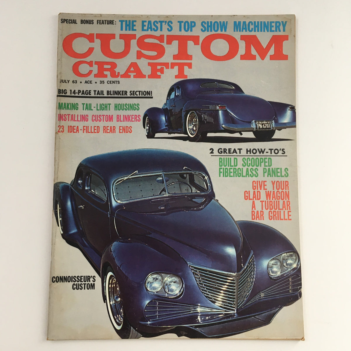 Cover of Custom Craft Magazine from July 1963 featuring classic custom cars and how-to guides on building scooped fiberglass panels.