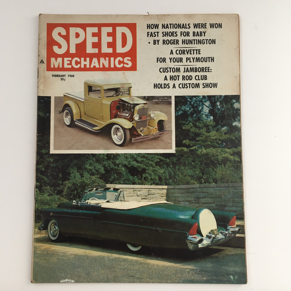 Cover of Speed Mechanics Magazine February 1960 showcasing classic cars, including a yellow vintage truck and a black convertible, with the title prominently displayed.