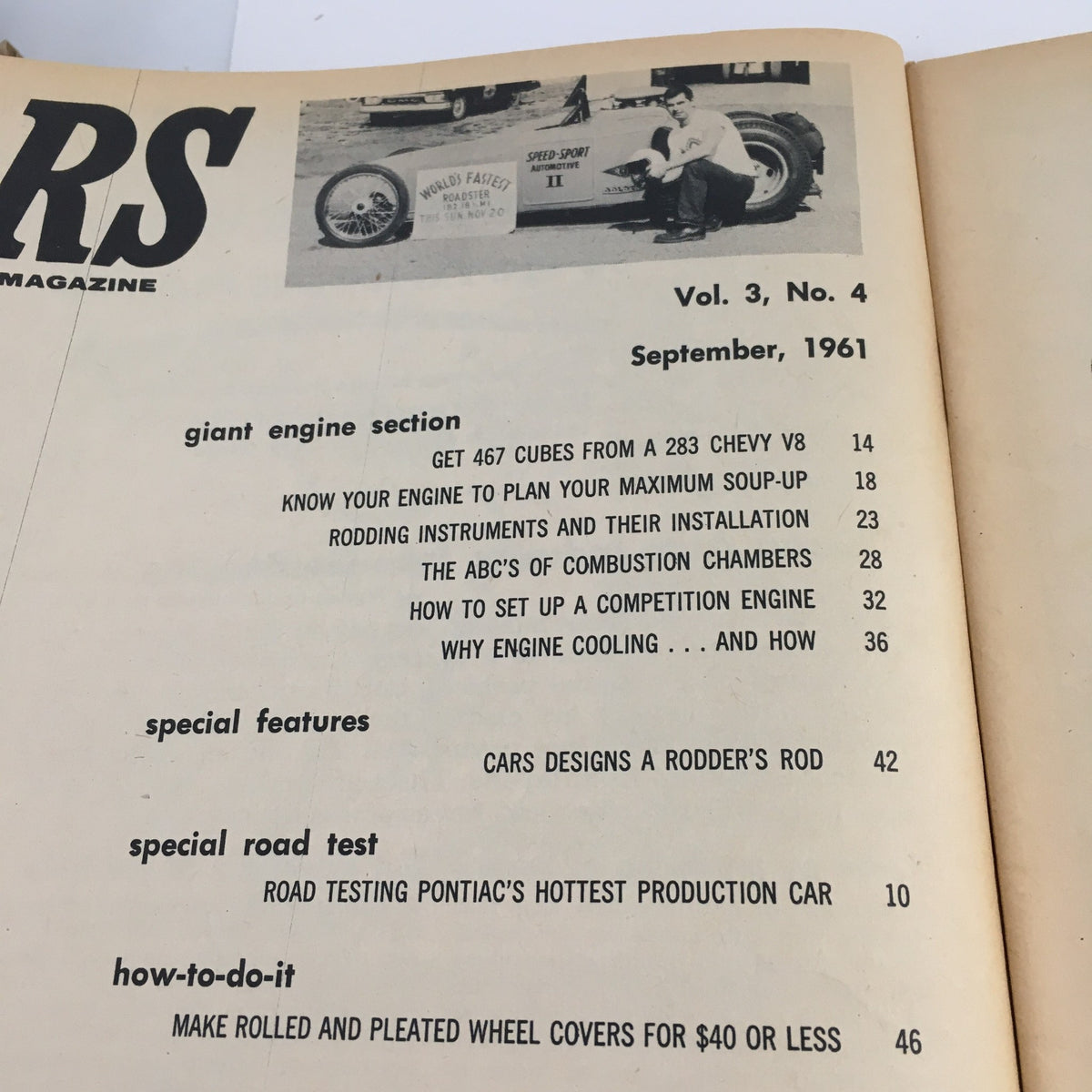 Table of contents from Cars Automotive Magazine September 1961, highlighting articles on engine performance and hot rodding culture.