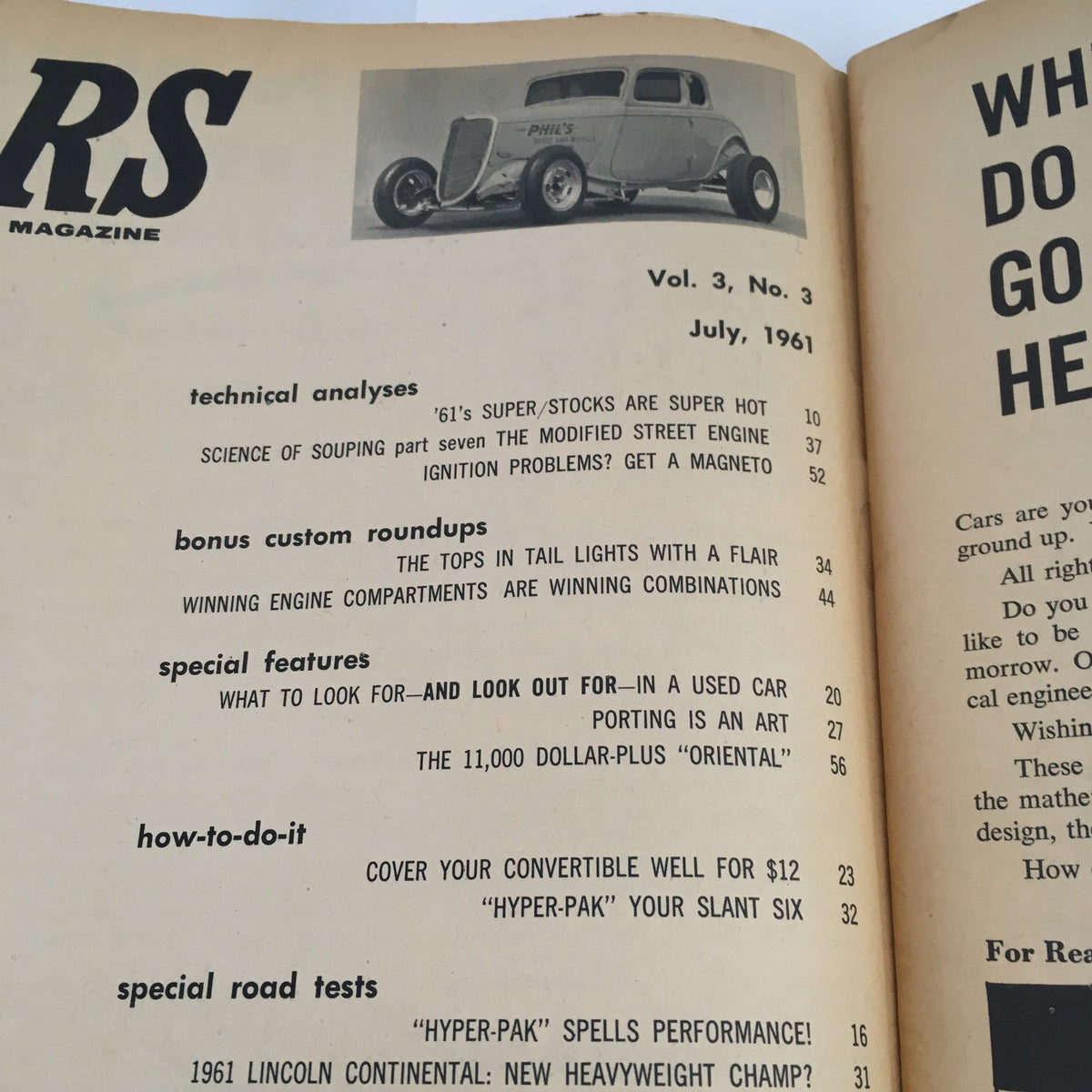 Inside page of Cars Automotive Magazine July 1961 displaying contents with topics on modified street engines and automotive features.