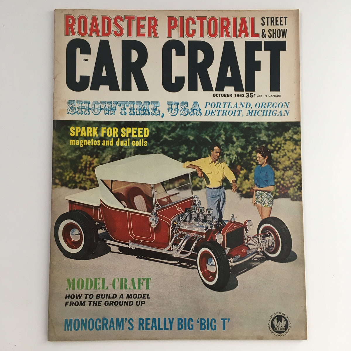 Car Craft Magazine October 1962 cover featuring Monogram's Really Big 'Big T', showcasing a vintage automotive theme with a classic car and model building tips, ideal for collectors and car enthusiasts.