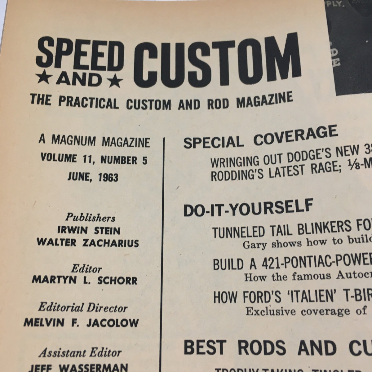 Table of contents from Speed and Custom Magazine June 1963, showcasing special features and articles related to automotive design and customization.