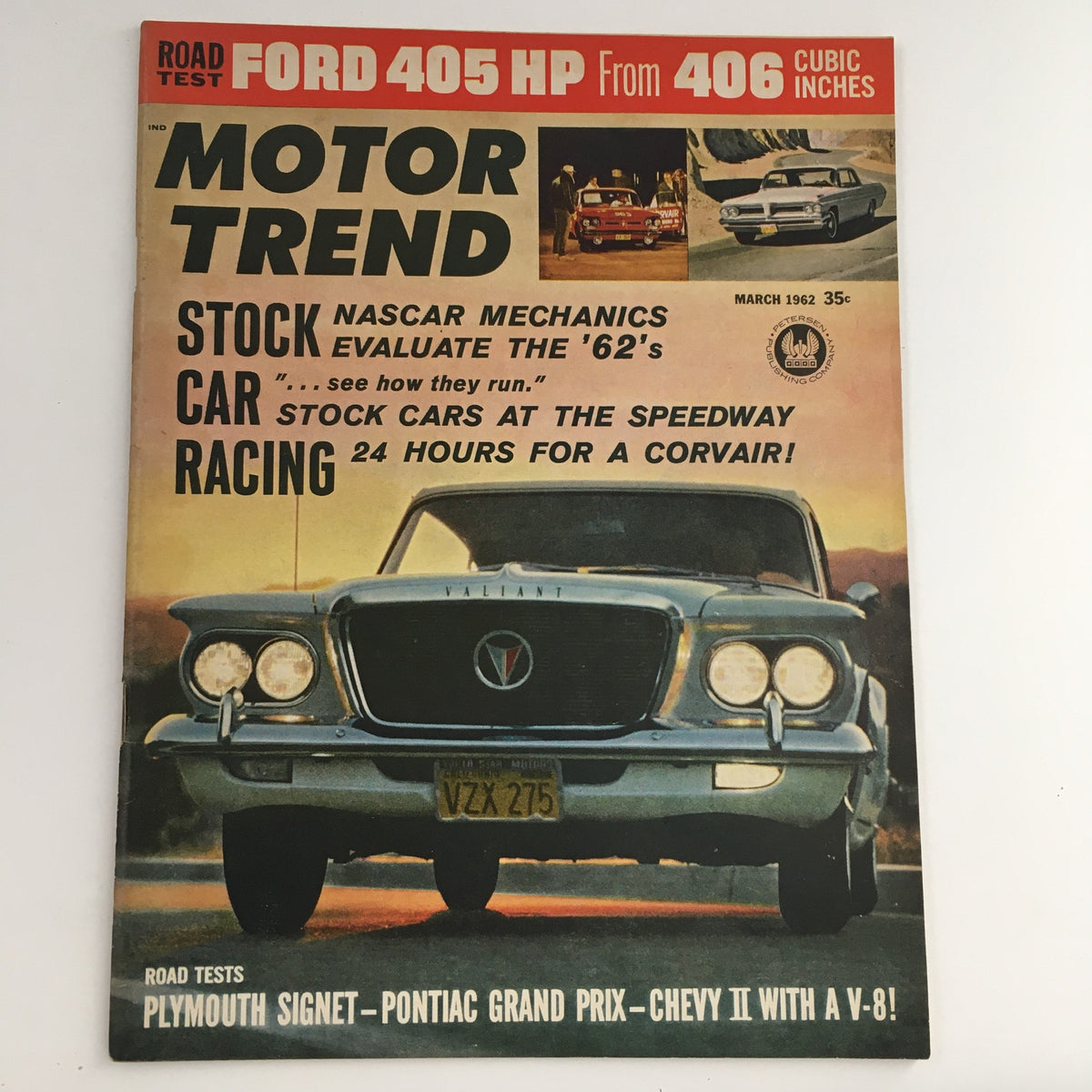 Cover of Motor Trend Magazine March 1962 featuring Plymouth Signet and Pontiac Grand Prix, showcasing vintage automotive designs and cultural significance from the early 1960s.