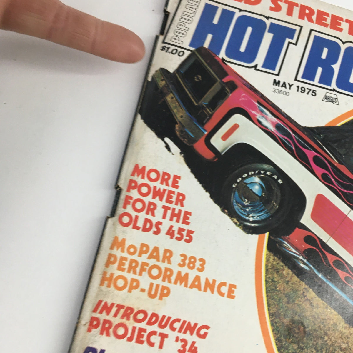 Close-up of the cover of Popular Hot Rodding Magazine May 1975 highlighting the MoPar 383 Performance Hop-Up and featuring the phrase 'More Power for the Olds 455'.