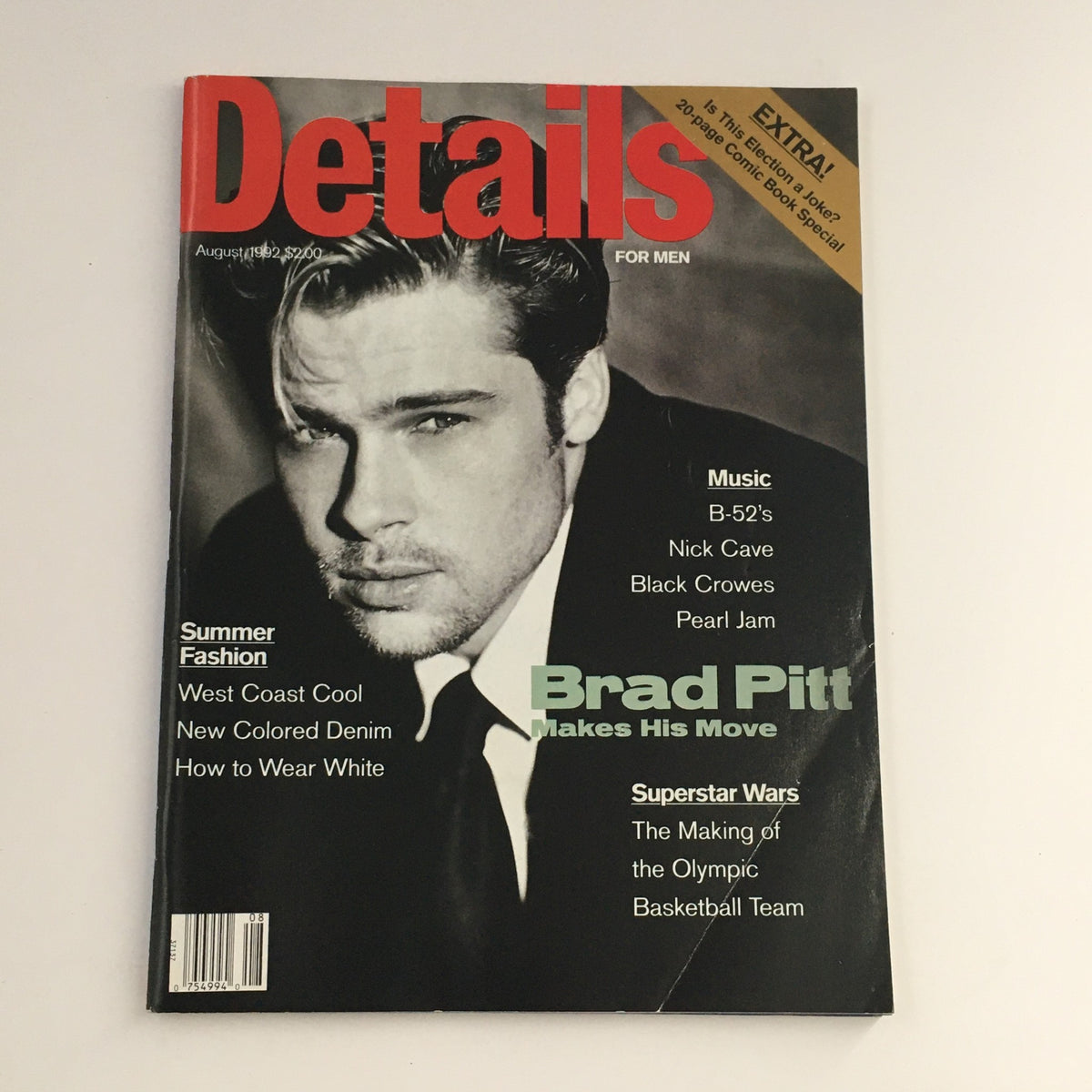 Cover of Details Magazine August 1992 featuring Brad Pitt as the main subject, along with highlights of Nick Cave and Black Crowes, emphasizing music and summer fashion.