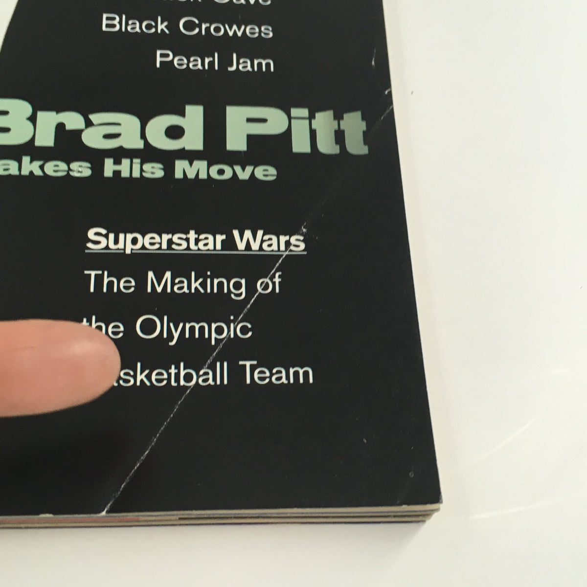 Close-up of Details Magazine August 1992, showcasing Brad Pitt's feature article titled 'Brad Pitt Makes His Move', including other musical highlights.