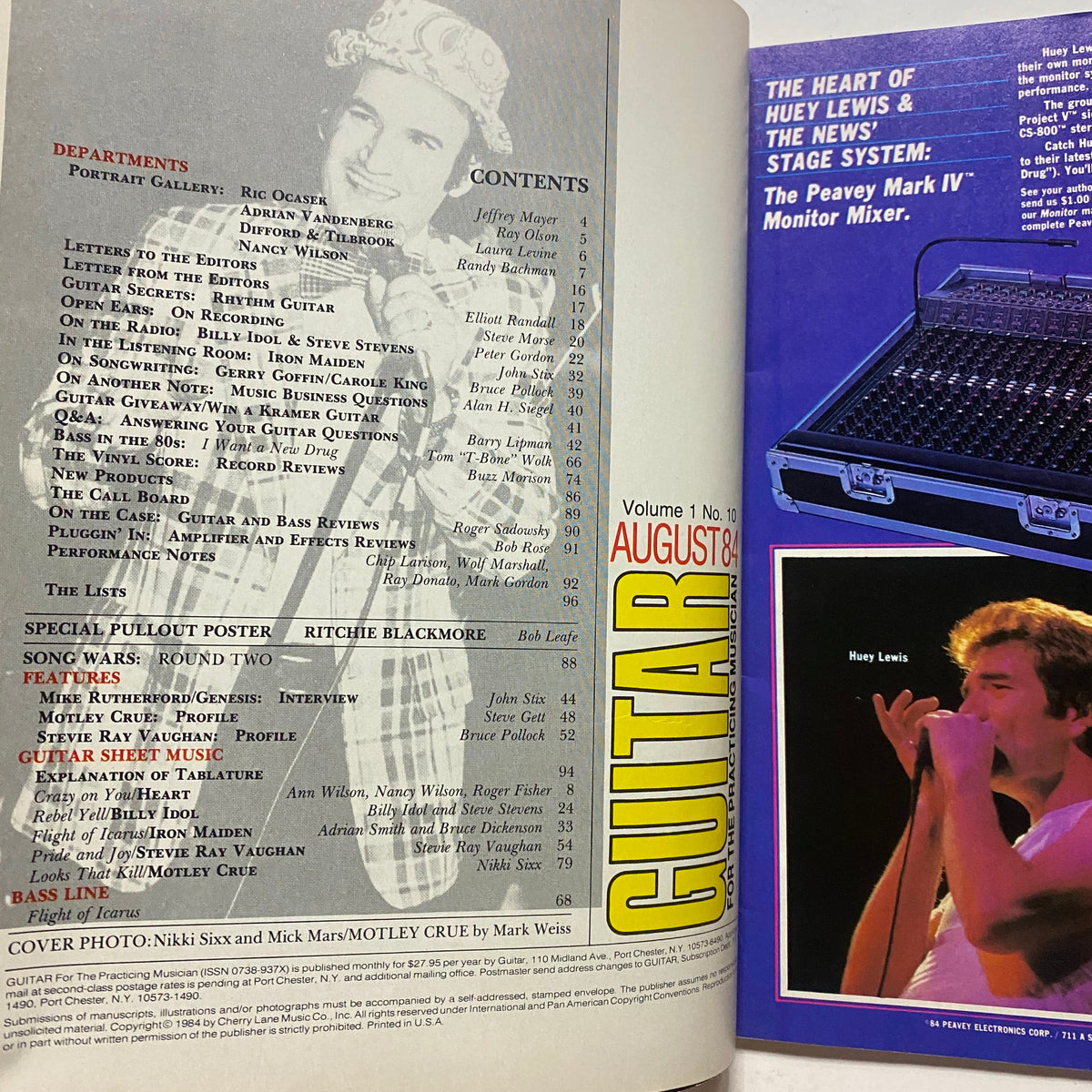 Inside page of Guitar for the Practicing Musician Magazine, August 1984 displaying the table of contents and features, including articles on Nikki Sixx and Mick Mars.