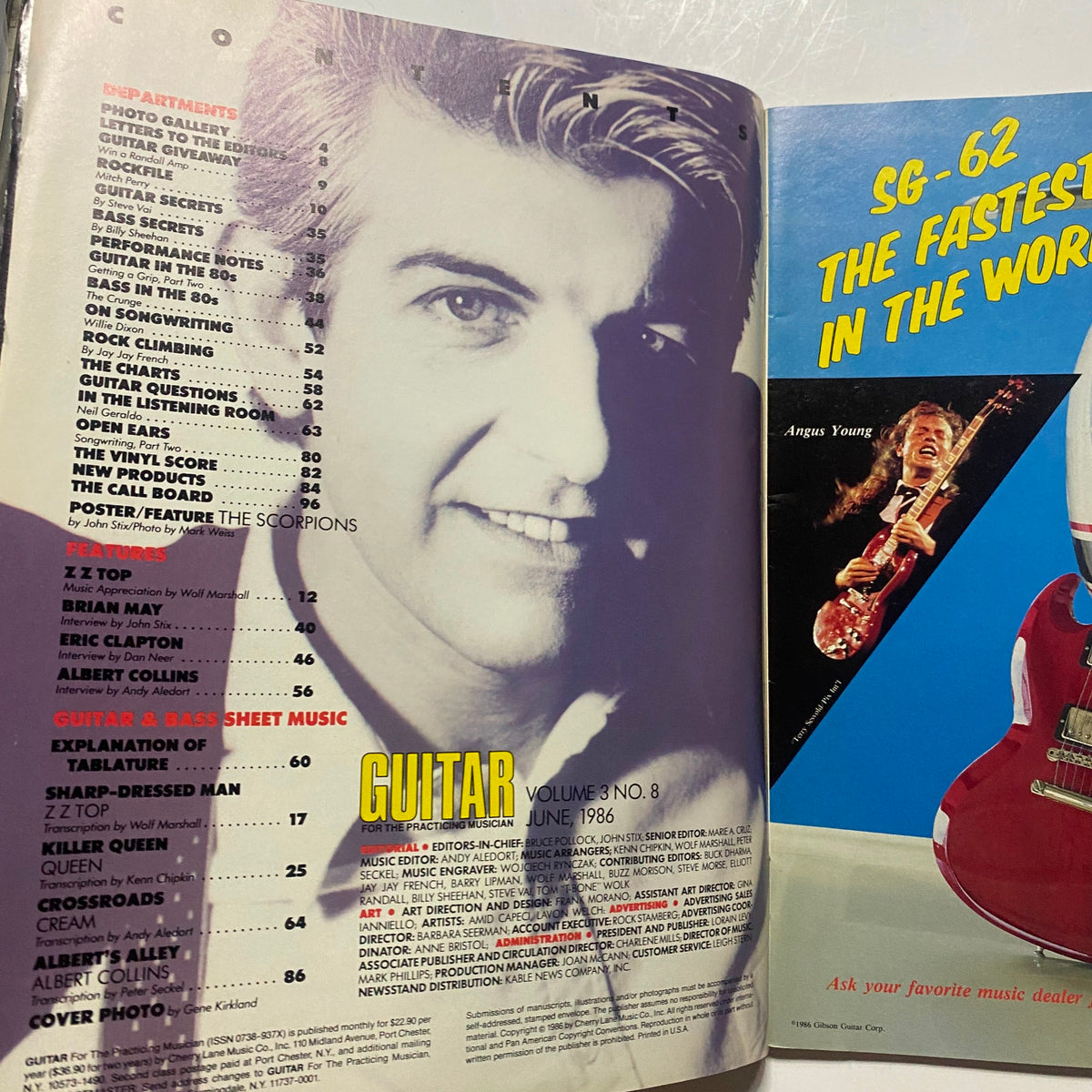 Table of contents from Guitar for the Practicing Musician Magazine, June 1986. Lists featured articles including pieces on Eric Clapton, Z Z Top, and Albert Collins, showcasing the magazine's rich content.
