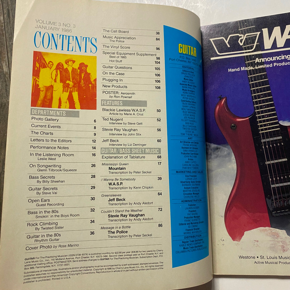 Table of contents page from the Guitar for the Practicing Musician Magazine January 1986, highlighting articles and features including an interview with Stevie Ray Vaughan.