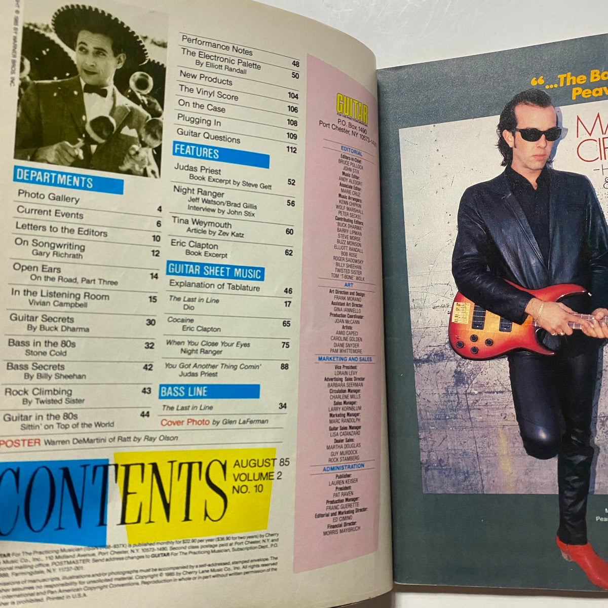Inside content page of Guitar for the Practicing Musician Magazine August 1985, detailing articles, features, and guitar sheet music including insights on popular musicians and guitar techniques.