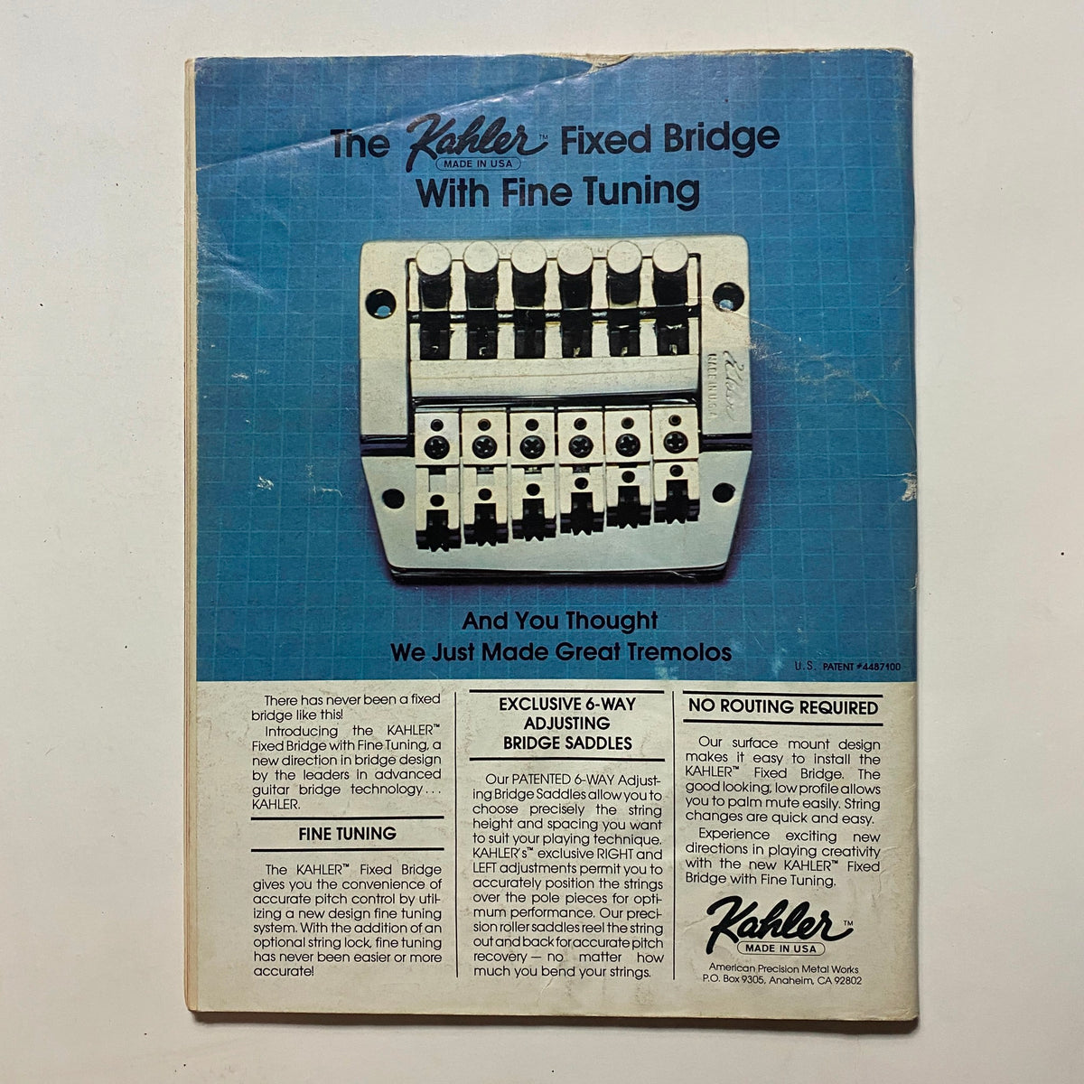 Back cover of Guitar for the Practicing Musician Magazine August 1985, featuring an advertisement for the Kahler Fixed Bridge with Fine Tuning, highlighting its innovative features and technology in guitar hardware.