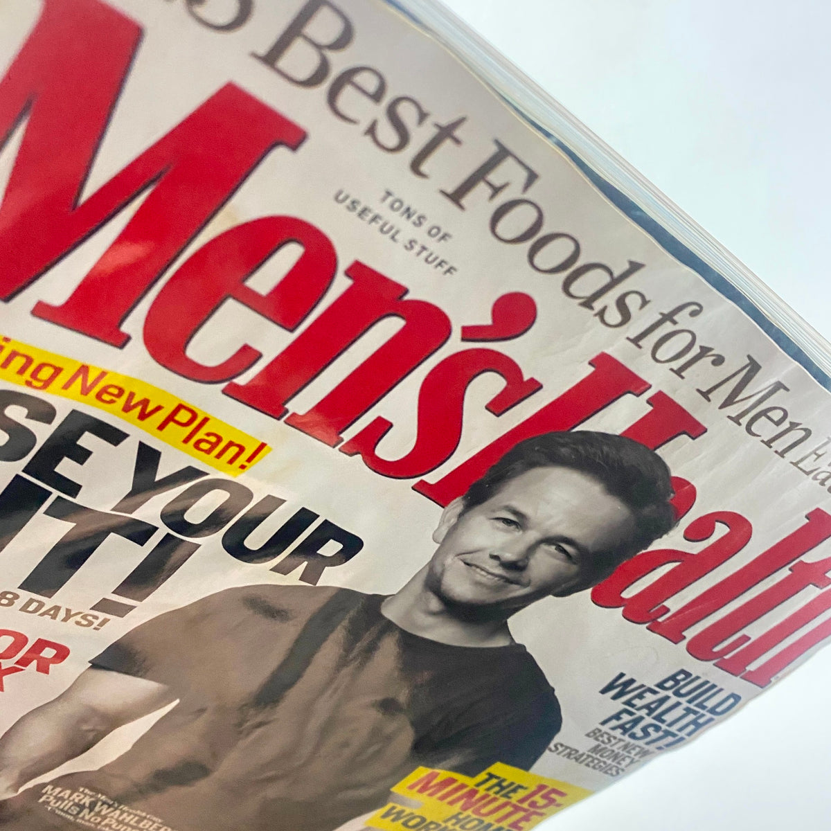 Close-up of Men's Health Magazine June 2008 cover showcasing Mark Wahlberg, emphasizing fitness advice and lifestyle tips, with the prominent magazine title and cover features visible.