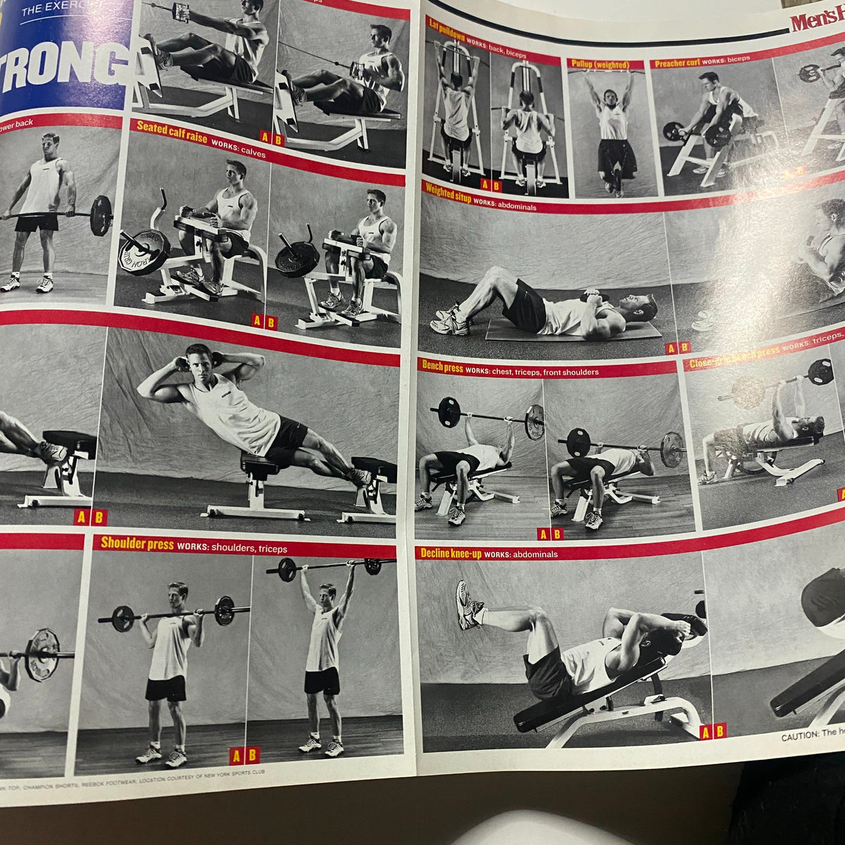 Inside spread from Men's Health Magazine April 2001 showing a detailed workout guide with exercises for instant muscle builders, including images of various lifting and core strengthening techniques.