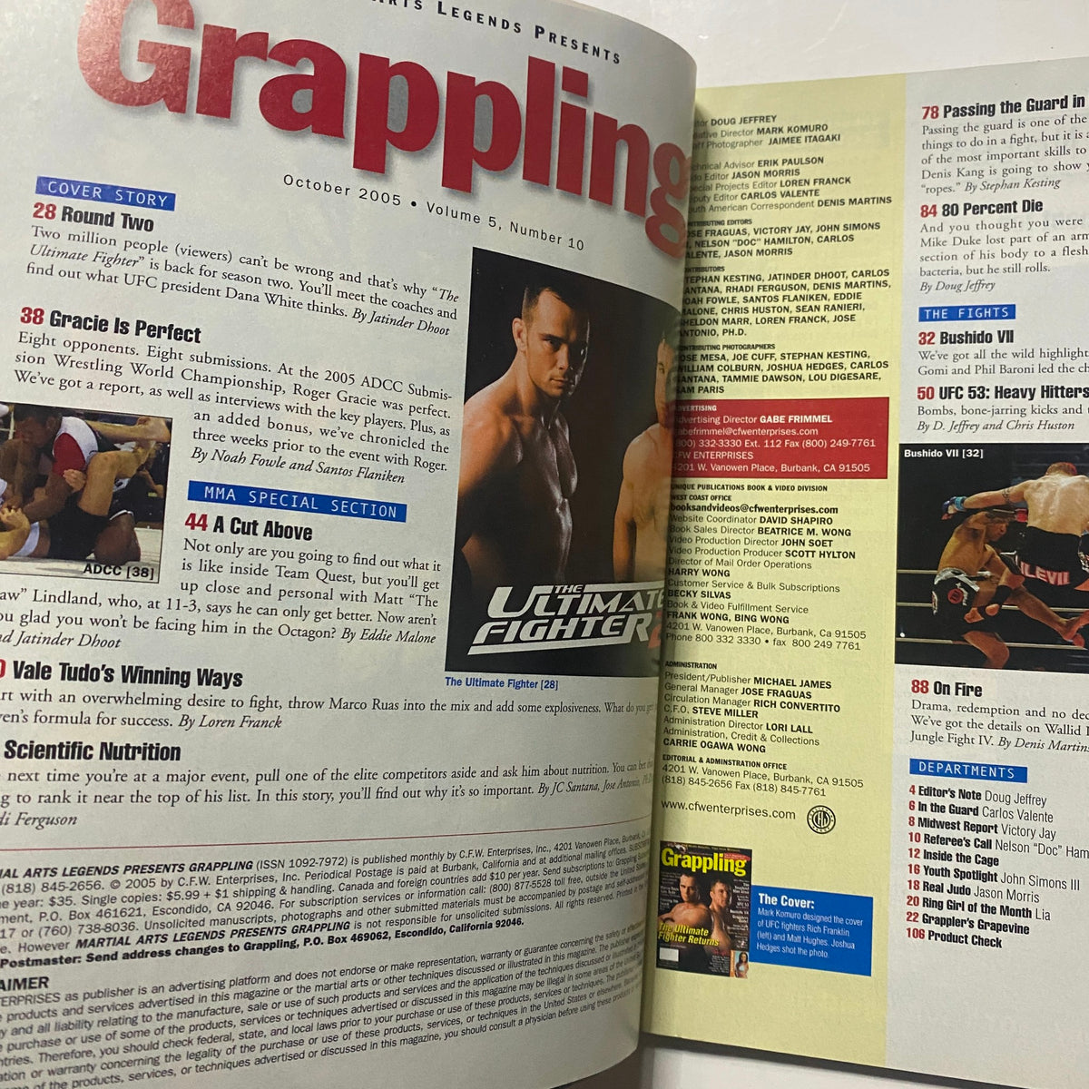 Interior page of Martial Arts Legend Grappling Magazine October 2005 showcasing articles, interviews, and fight analysis, including a feature on Rich Franklin and Matt Hughes.