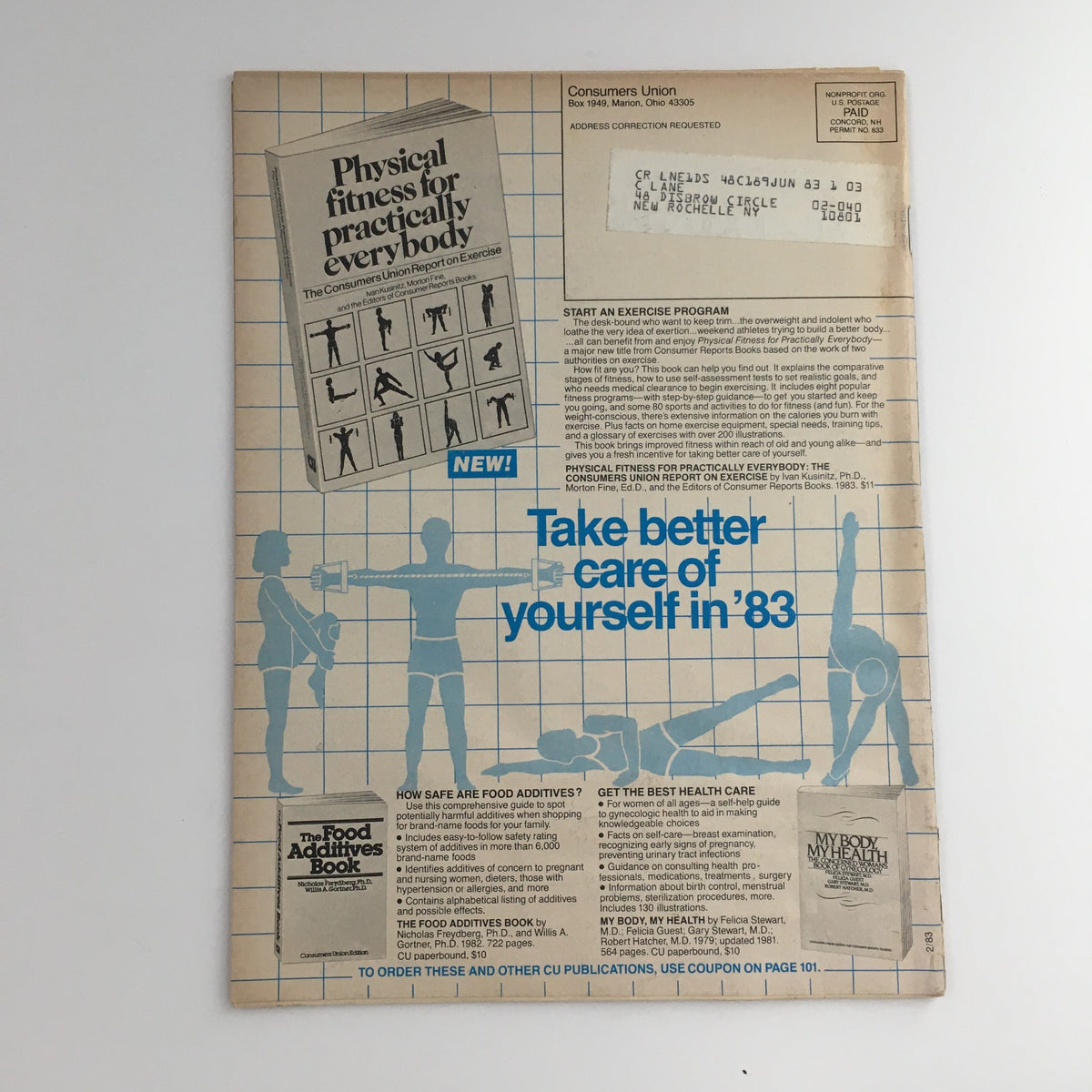 Back cover of Consumer Reports Magazine February 1983 showcasing an advertisement for health-related publications and a fitness program.