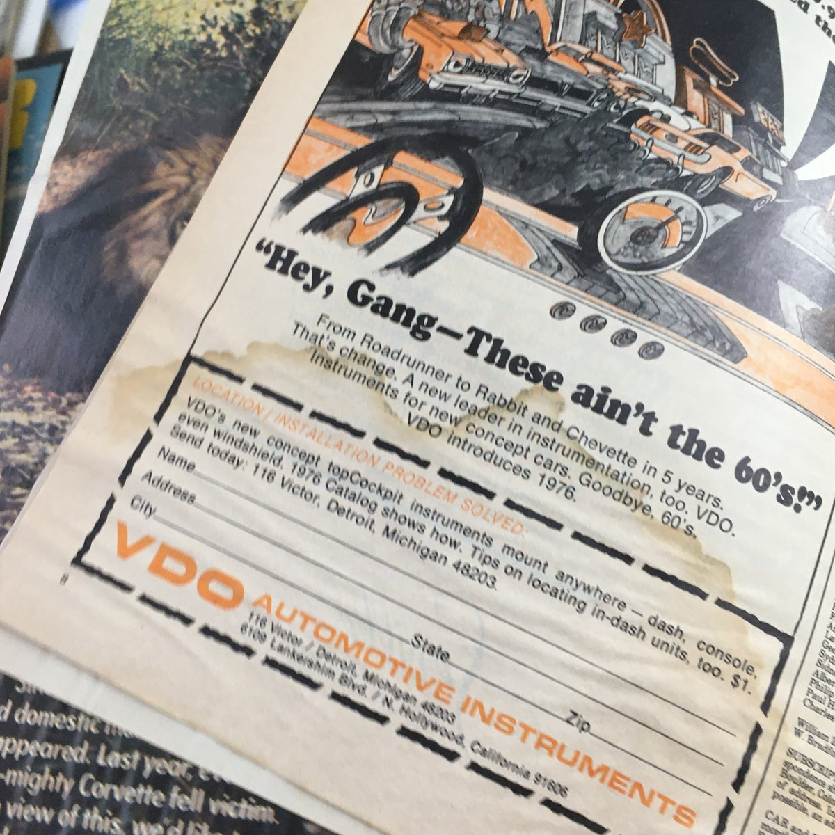 Advertisement in Car and Driver Magazine May 1976 promoting VDO Automotive Instruments, highlighting new instrumentation for concept cars.