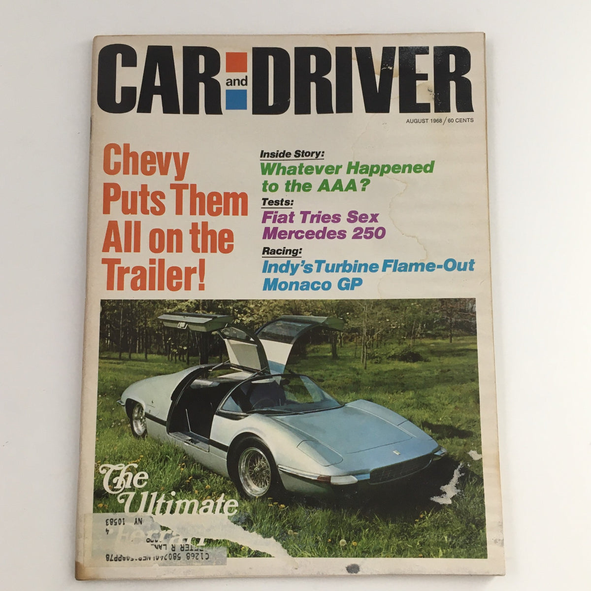 Cover of Car and Driver Magazine from August 1968 featuring a test of Fiat and Mercedes 250, along with racing highlights.