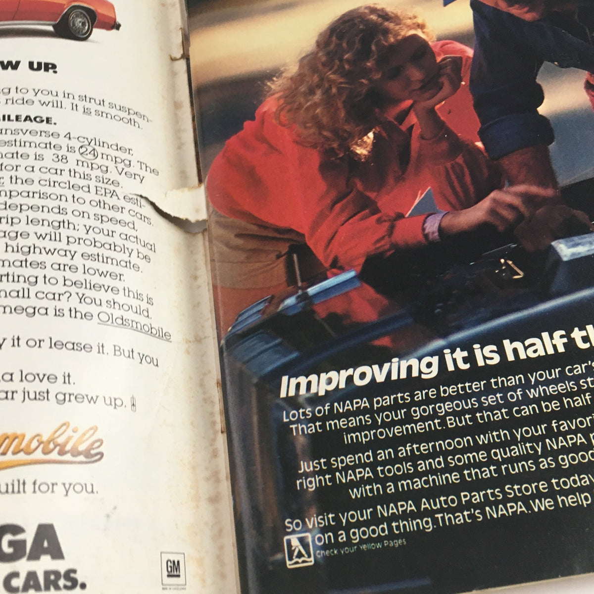 Inside page of Car and Driver Magazine May 1979 showing two individuals inspecting a car engine, with product advertisement for NAPA auto parts.
