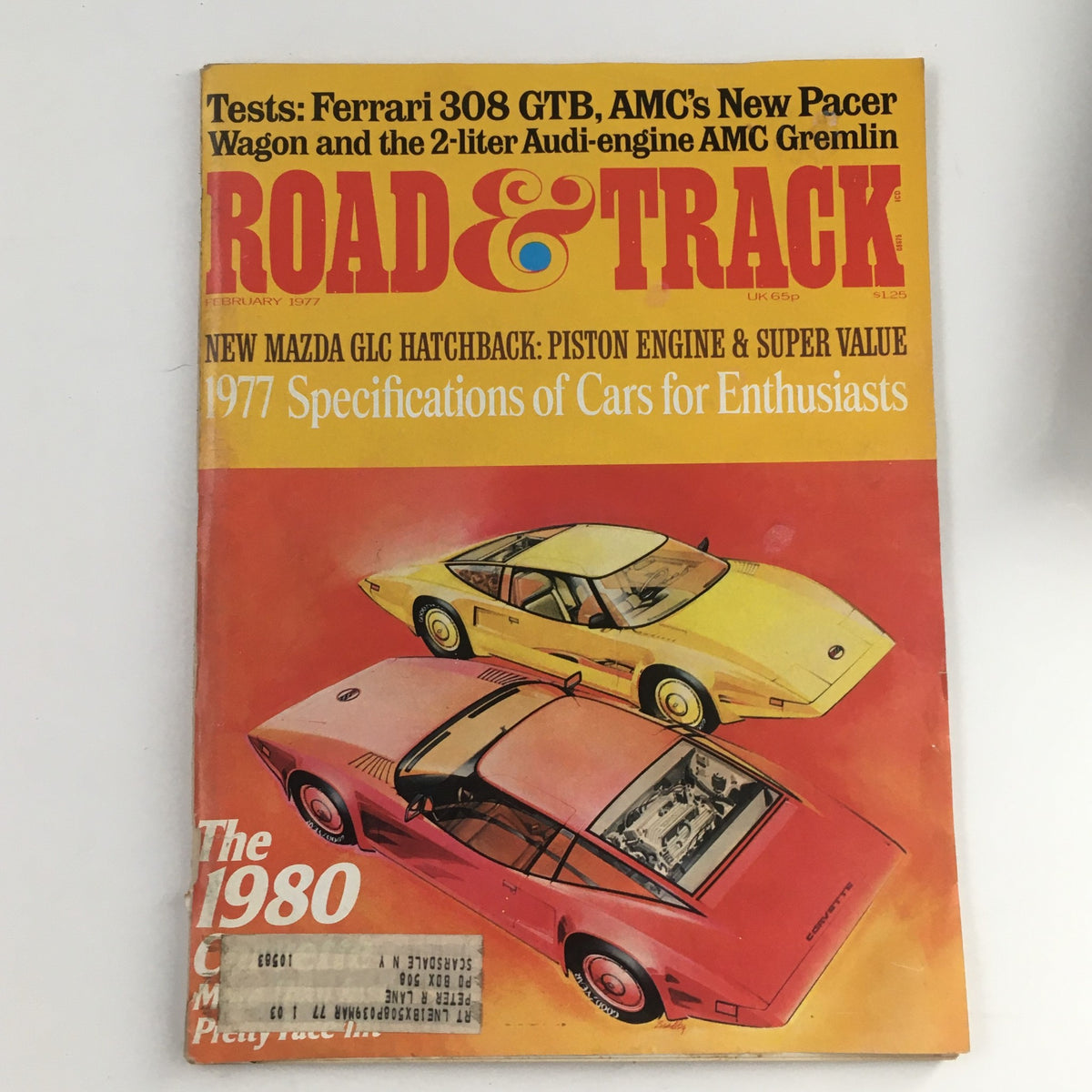 Cover of Road & Track Magazine February 1977 featuring the Mazda GLC Hatchback and visual elements of classic cars. Highlights include 'Piston Engine & Value' indicating the magazine's focus on automotive specifications for enthusiasts.