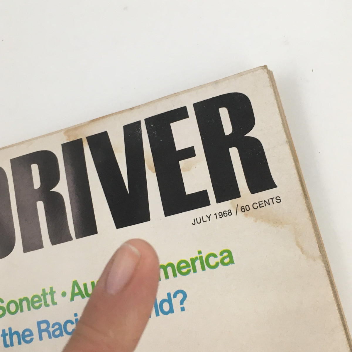 Close-up of Car and Driver Magazine July 1968 showing the magazine title and date, highlighting the Trans-Am Racer feature.