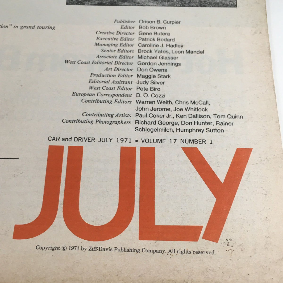 Publisher and editorial information from the July 1971 issue of Car and Driver Magazine, noting the magazine's volume and publication details along with the month 'JULY' prominently displayed.