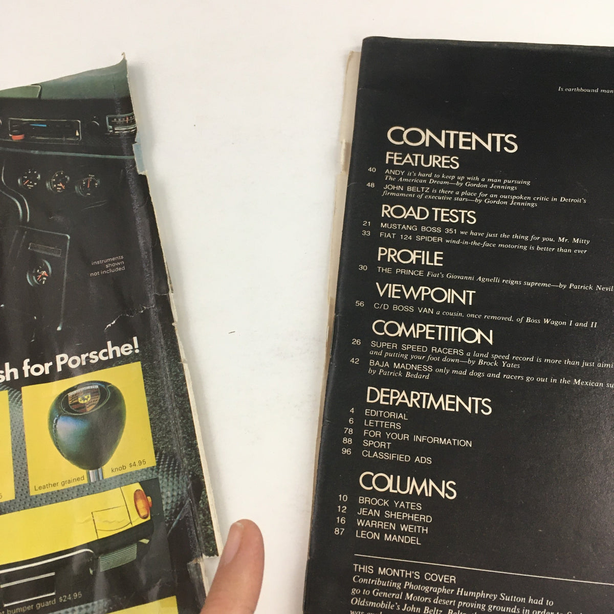 Interior content page of Car and Driver Magazine, February 1971, showing the magazine's features and articles including John Beltz's profile.