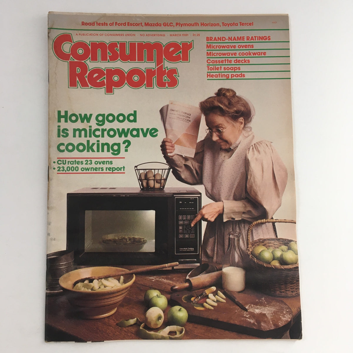 Cover image of Consumer Reports Magazine March 1981 featuring a kitchen scene with an elderly woman examining a microwave oven, with the headline 'How good is microwave cooking?' highlighting reviews of appliances and compact cars like Ford Escort, Mazda GLC, and Plymouth Horizon.