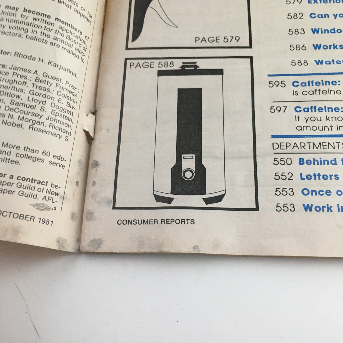 Interior page of Consumer Reports Magazine October 1981 displaying a section of products with page number references related to energy savings and tips.