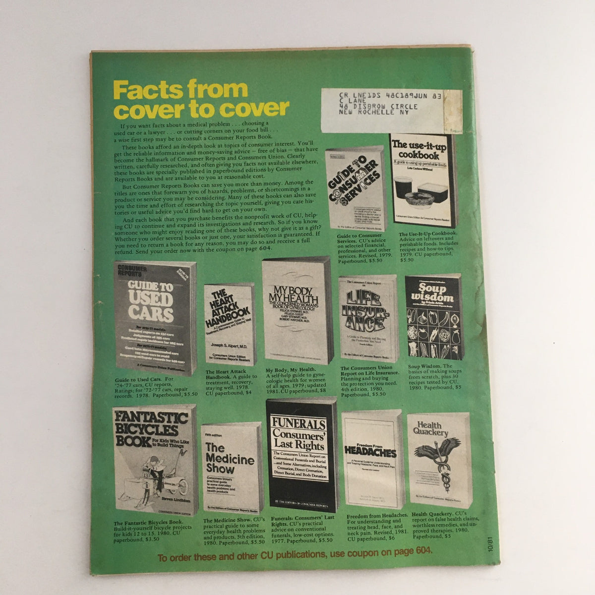 Back cover of Consumer Reports Magazine October 1981 featuring advertisements and a collage of book covers related to consumer insights and resource management.