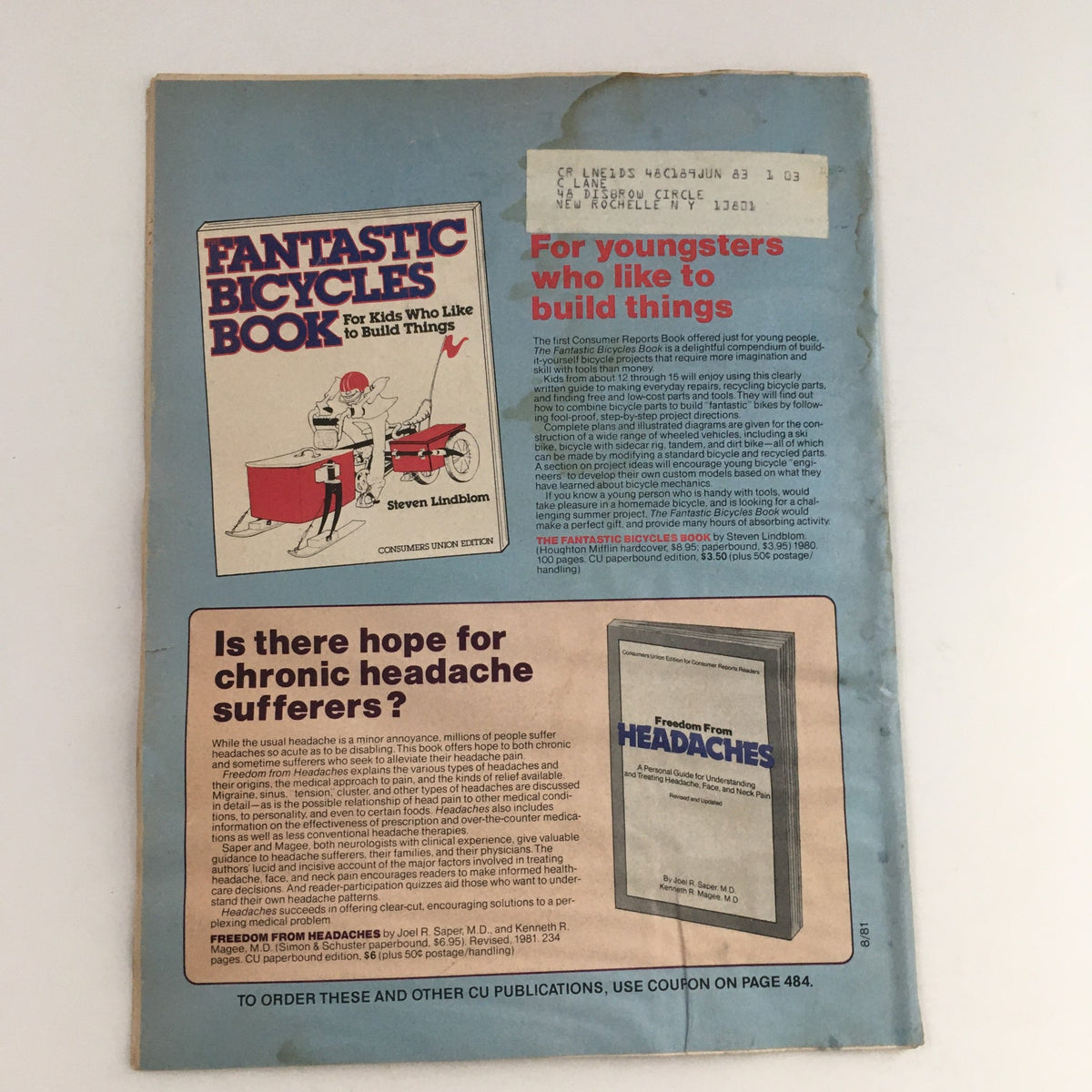 Back cover of Consumer Reports Magazine August 1981, featuring advertisements for children’s activity books and health-related content.