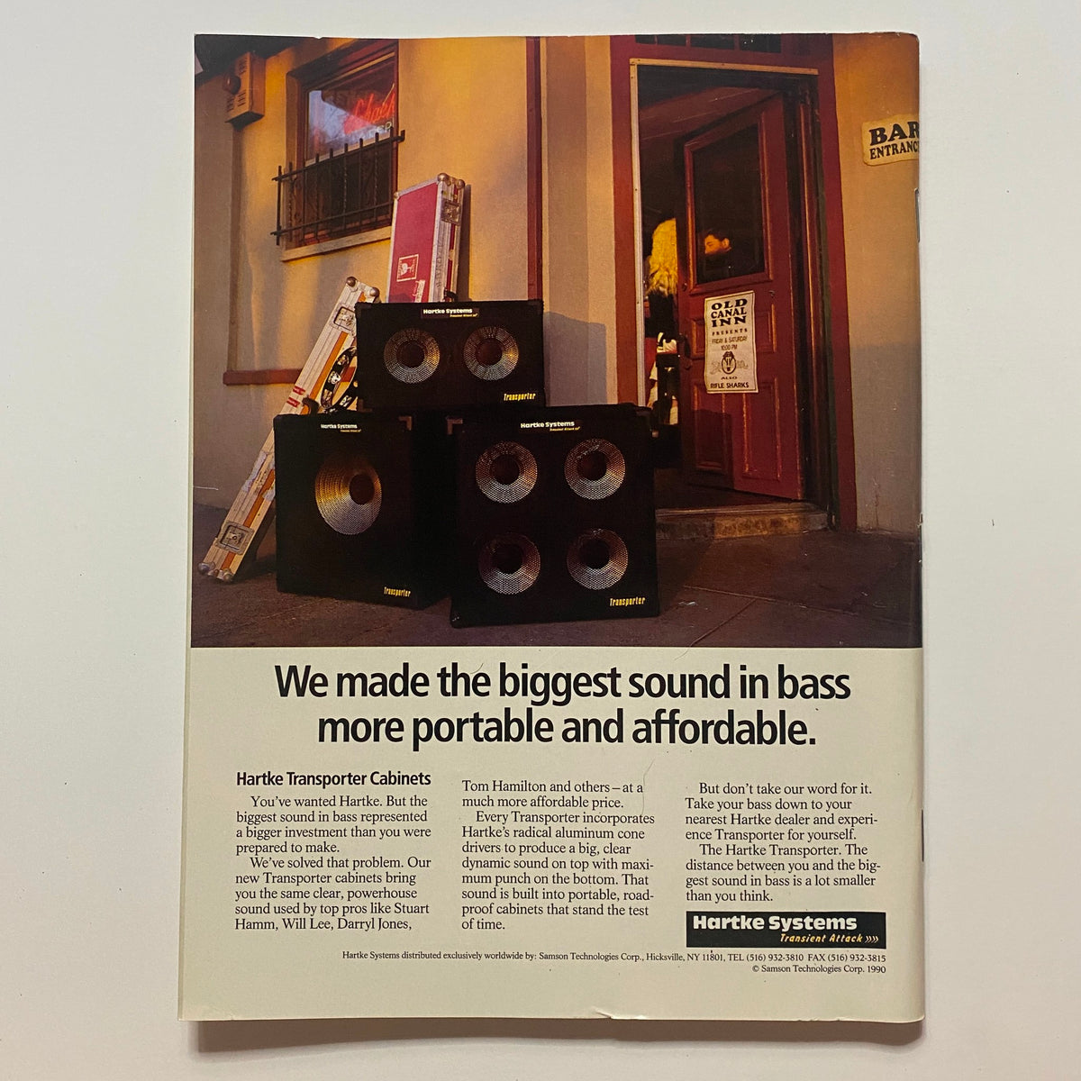 Hartke Transporter Cabinets advertisement featuring portable bass cabinets, showcasing a scene outside a lively venue. From Guitar for the Practicing Musician Magazine March 1991.