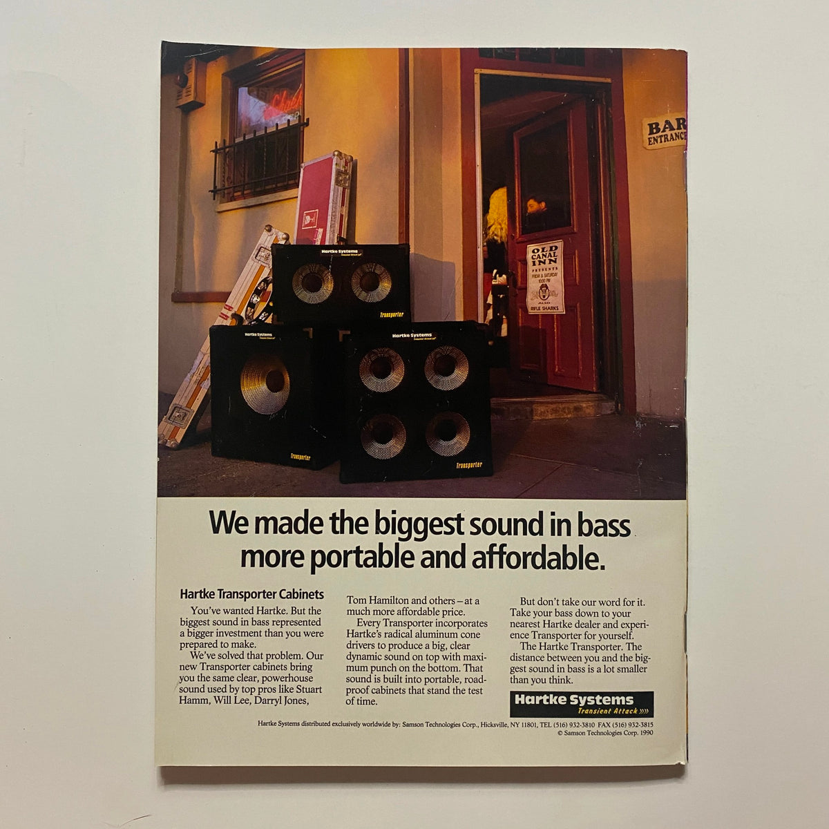 Advertisement for Hartke Transporter Cabinets in Guitar for the Practicing Musician Magazine April 1991, featuring a photo of bass amps outside a music venue, highlighting sound quality and portability.