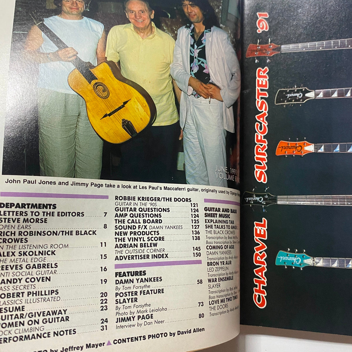 Inside page of Guitar for the Practicing Musician Magazine June 1991 with John Paul Jones and Jimmy Page discussing guitars, highlighting the rich history of rock music.