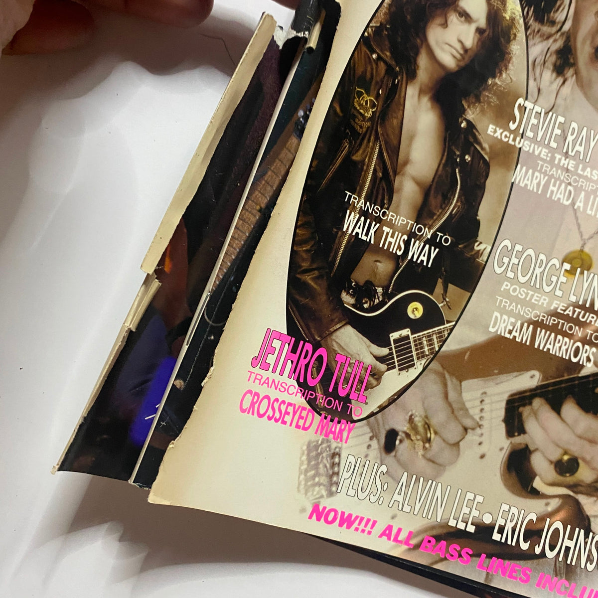 Close-up of the Guitar for the Practicing Musician Magazine May 1991 cover, highlighting Joe Perry with the 'Walk This Way' transcription.