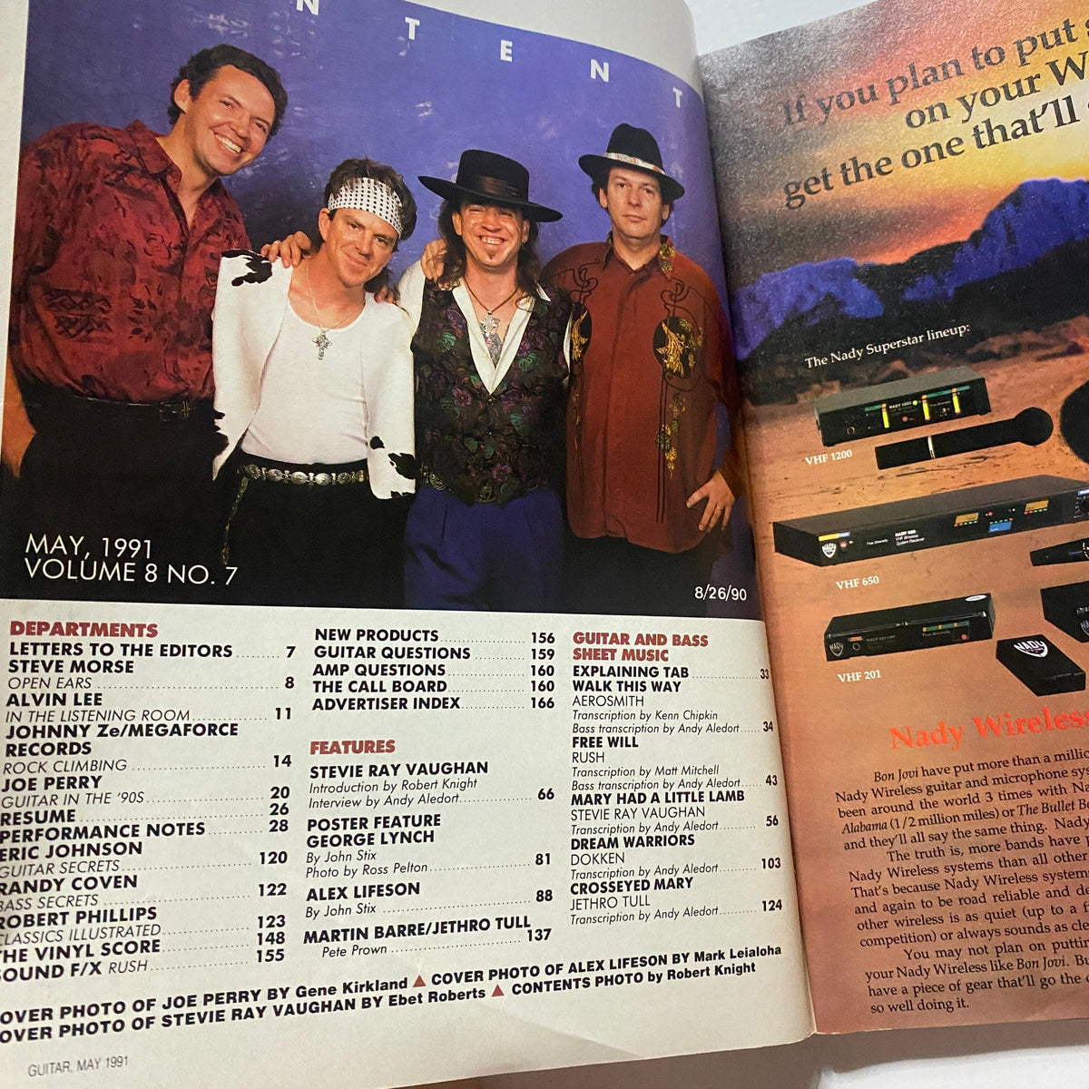 Contents page from Guitar for the Practicing Musician Magazine May 1991, listing articles featuring rock legends like Stevie Ray Vaughan and Joe Perry.