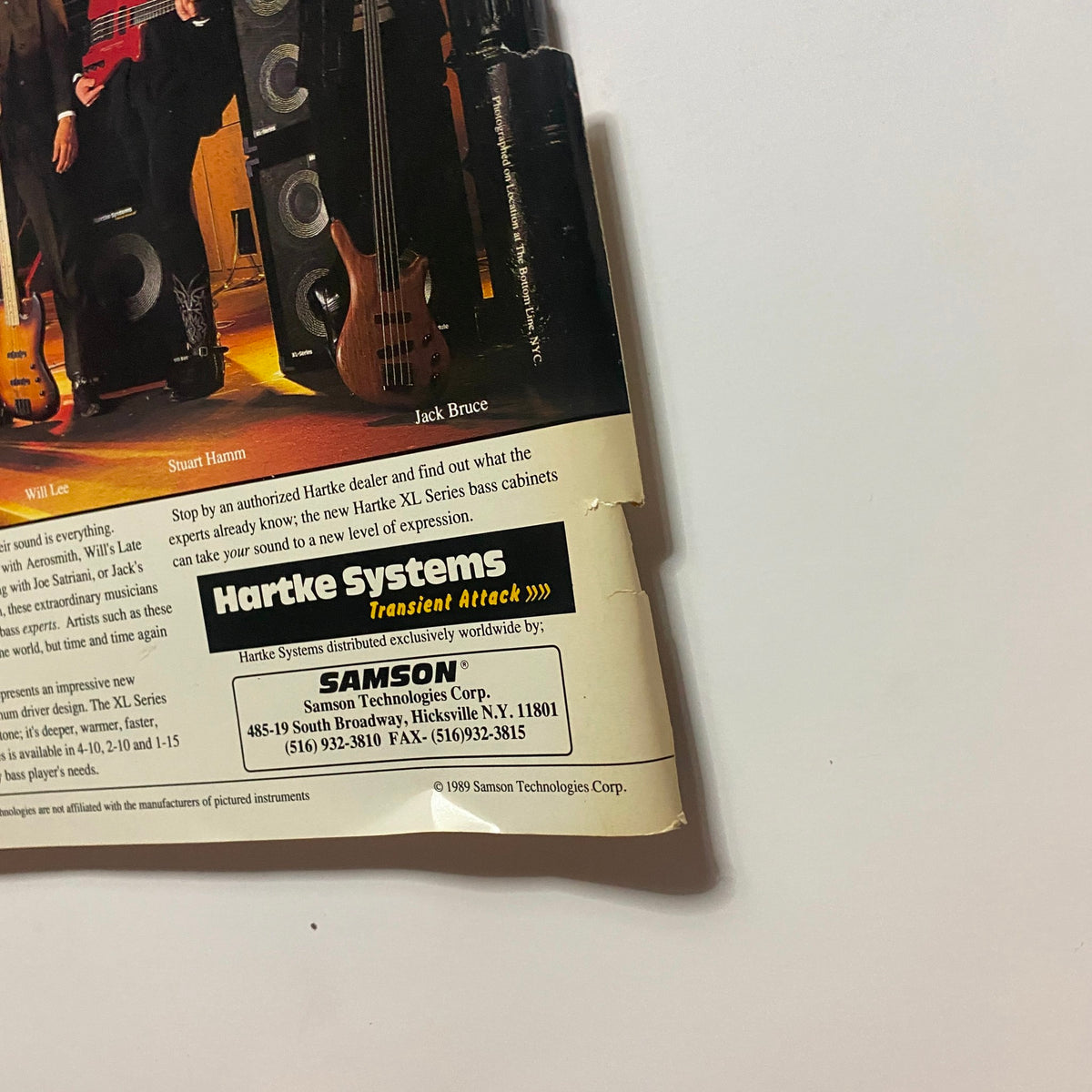 Guitar for the Practicing Musician Magazine May 1991 featuring Jack Bruce and musicians with bass guitars, highlighting Hartke Systems advertisement with a partially ripped edge.