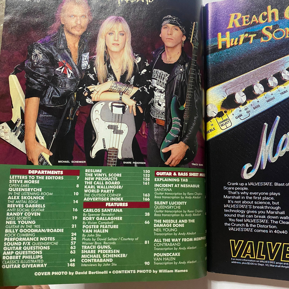 Inside page of Guitar for the Practicing Musician Magazine August 1991 showcasing three musicians with electric guitars, highlighting rock music influences.