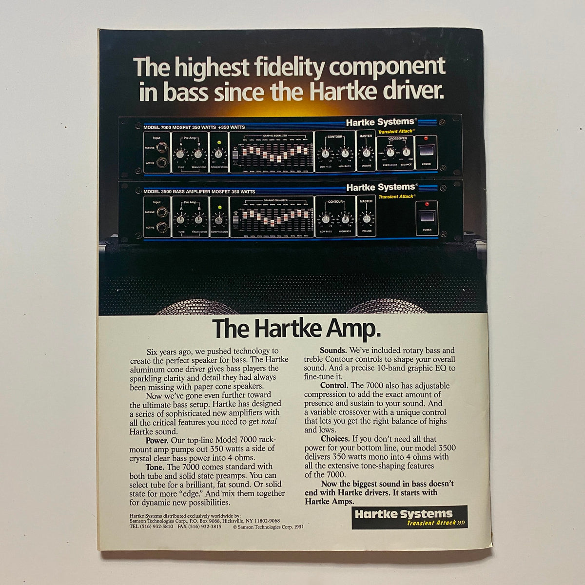 Advertisement page in Guitar for the Practicing Musician Magazine August 1991 highlighting the Hartke amp, showcasing bass amplification technology for musicians.