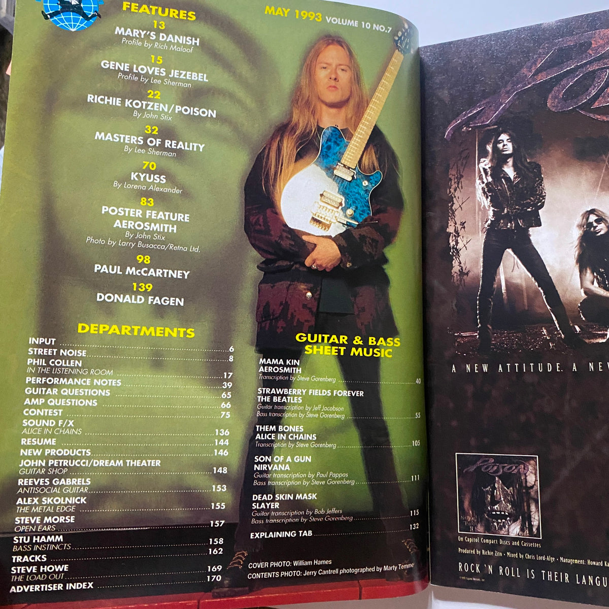 Inside spread of Guitar for the Practicing Musician Magazine May 1993 highlighting featured artists including Aerosmith and discussions on guitar techniques.